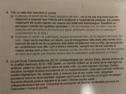 Examen de filosofia: preguntes 4 i 5 (tria d'exercici i comparació Descartes-Hume)