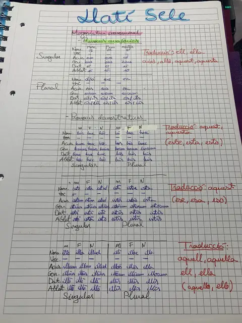 Taules de declinació dels pronoms demostratius llatins (hic, iste, ille) amb la traducció