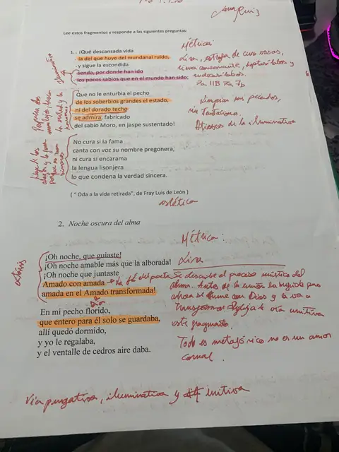 Análisis métrico y estilístico de la «Oda a la vida retirada» de Fray Luis y de «Noche oscura del alma», resuelto a mano