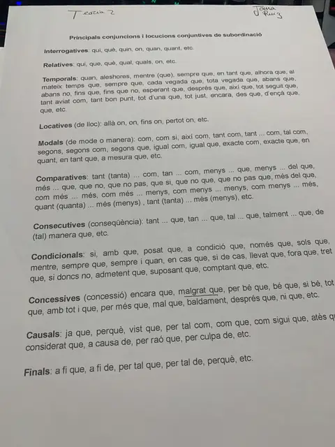 Principals conjuncions i locucions de subordinació per tipus: temporals, modals, consecutives, condicionals, concessives, causals i finals