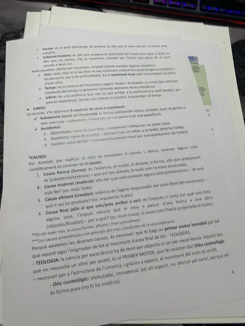 Les espècies de canvi i les quatre causes: formal, material, eficient i final, amb el primer motor immòbil
