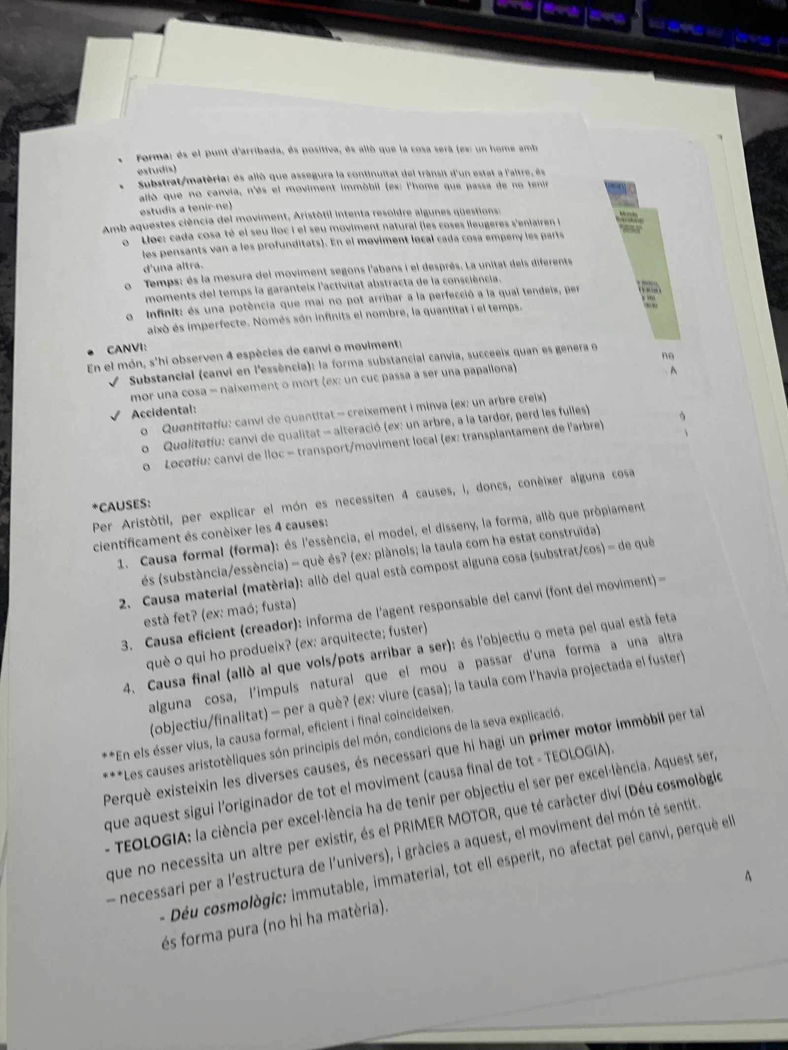 Les espècies de canvi i les quatre causes: formal, material, eficient i final, amb el primer motor immòbil