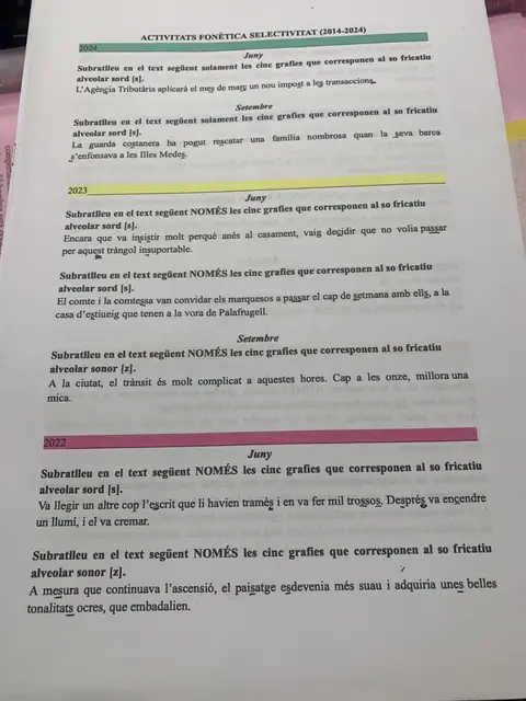 Activitats de fonètica de la PAU: subratllar les grafies del so fricatiu alveolar (2024, 2023 i 2022)