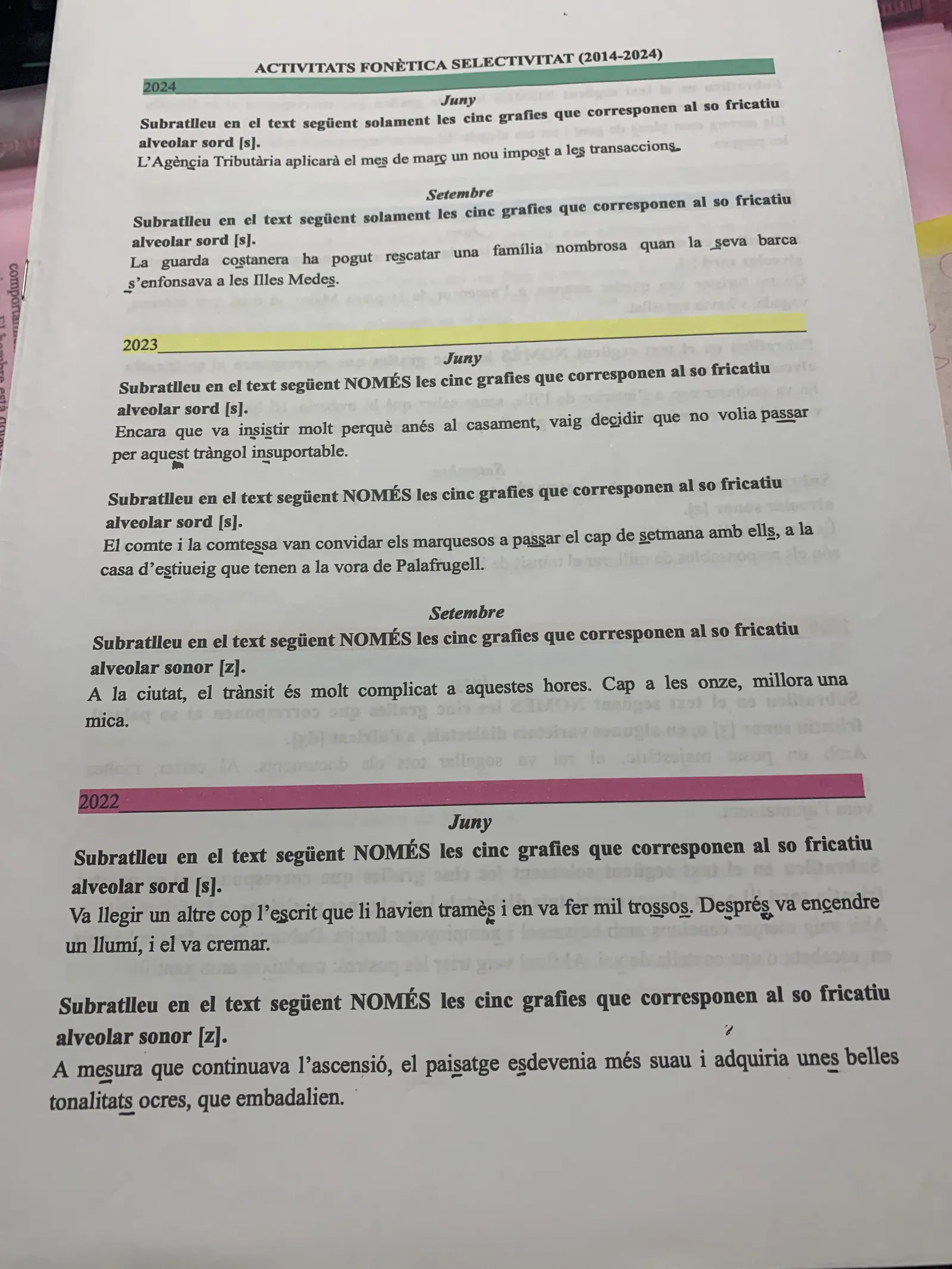 Activitats de fonètica de la PAU: subratllar les grafies del so fricatiu alveolar (2024, 2023 i 2022)