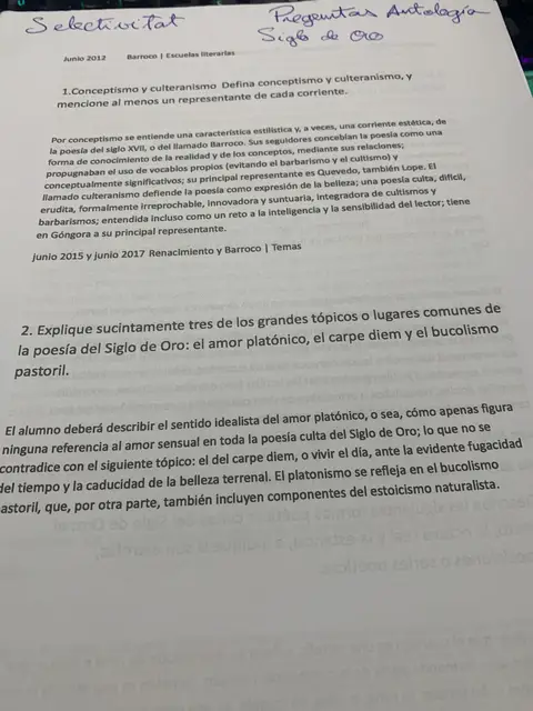 Preguntas de Selectividad sobre el Siglo de Oro: conceptismo y culteranismo, y los tópicos áureos