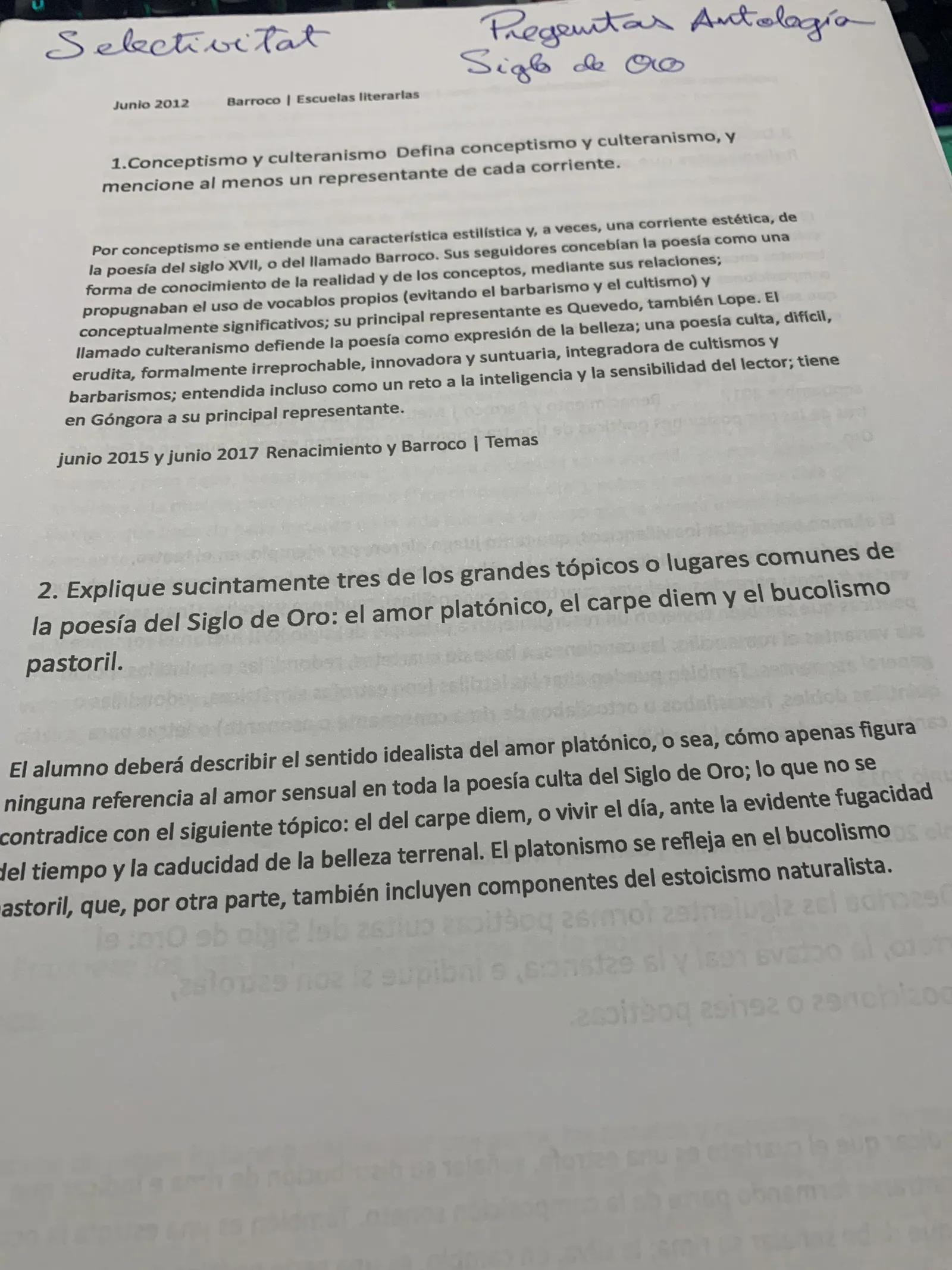 Preguntas de Selectividad sobre el Siglo de Oro: conceptismo y culteranismo, y los tópicos áureos