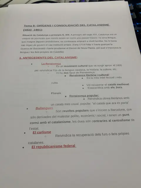 Tema 8: la Renaixença, les bullangues, el carlisme i el republicanisme federal