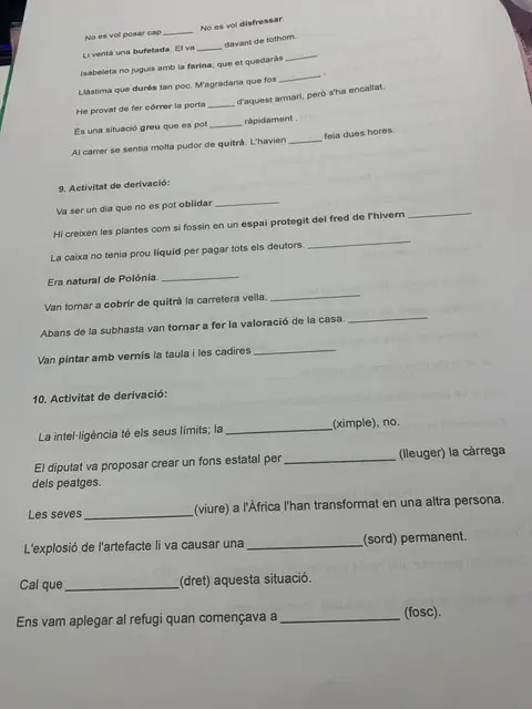 Activitats de derivació 9 i 10: verbs i adjectius derivats a partir del mot entre parèntesis