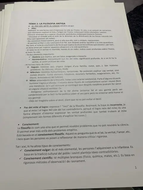 Tema 1: el pas del mite al logos, els tipus de mite i els tipus de coneixement