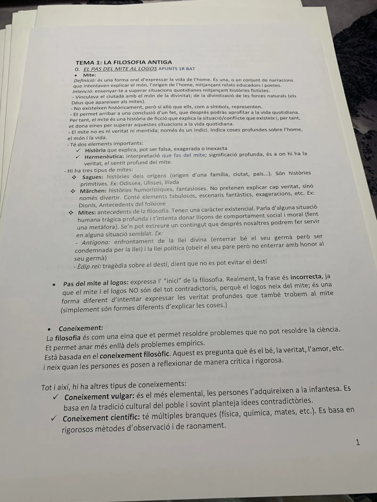 Tema 1: el pas del mite al logos, els tipus de mite i els tipus de coneixement
