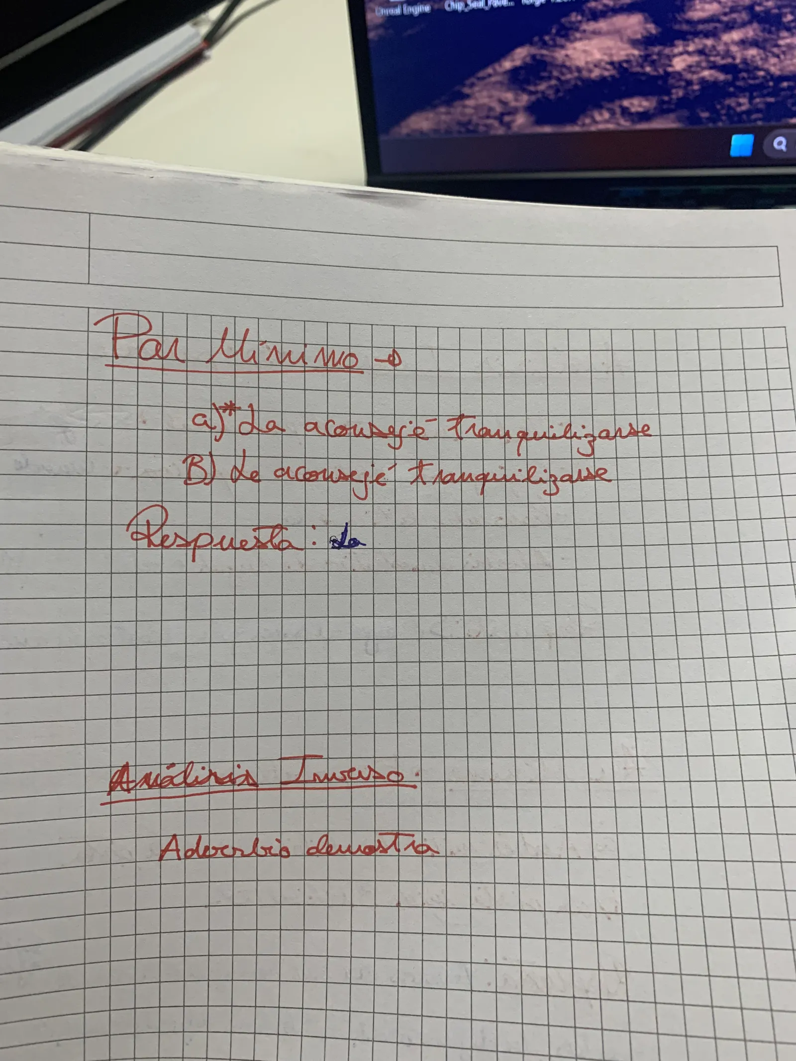 Par mínimo «le/la aconsejé tranquilizarse» (página empezada, con poca escritura)