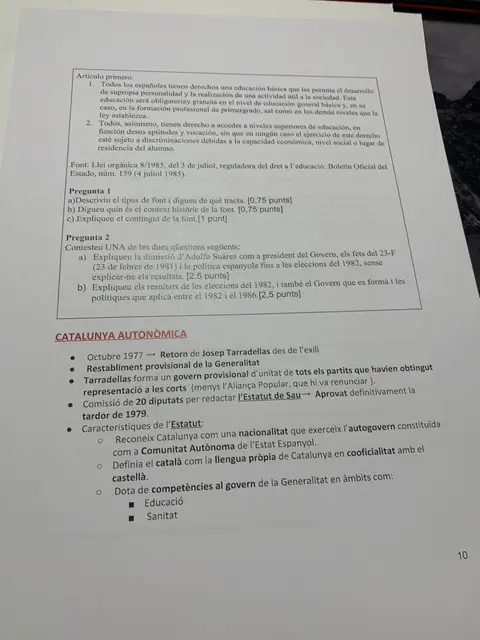Font de la LODE amb preguntes de PAU, i el retorn de Tarradellas i l'Estatut de Sau