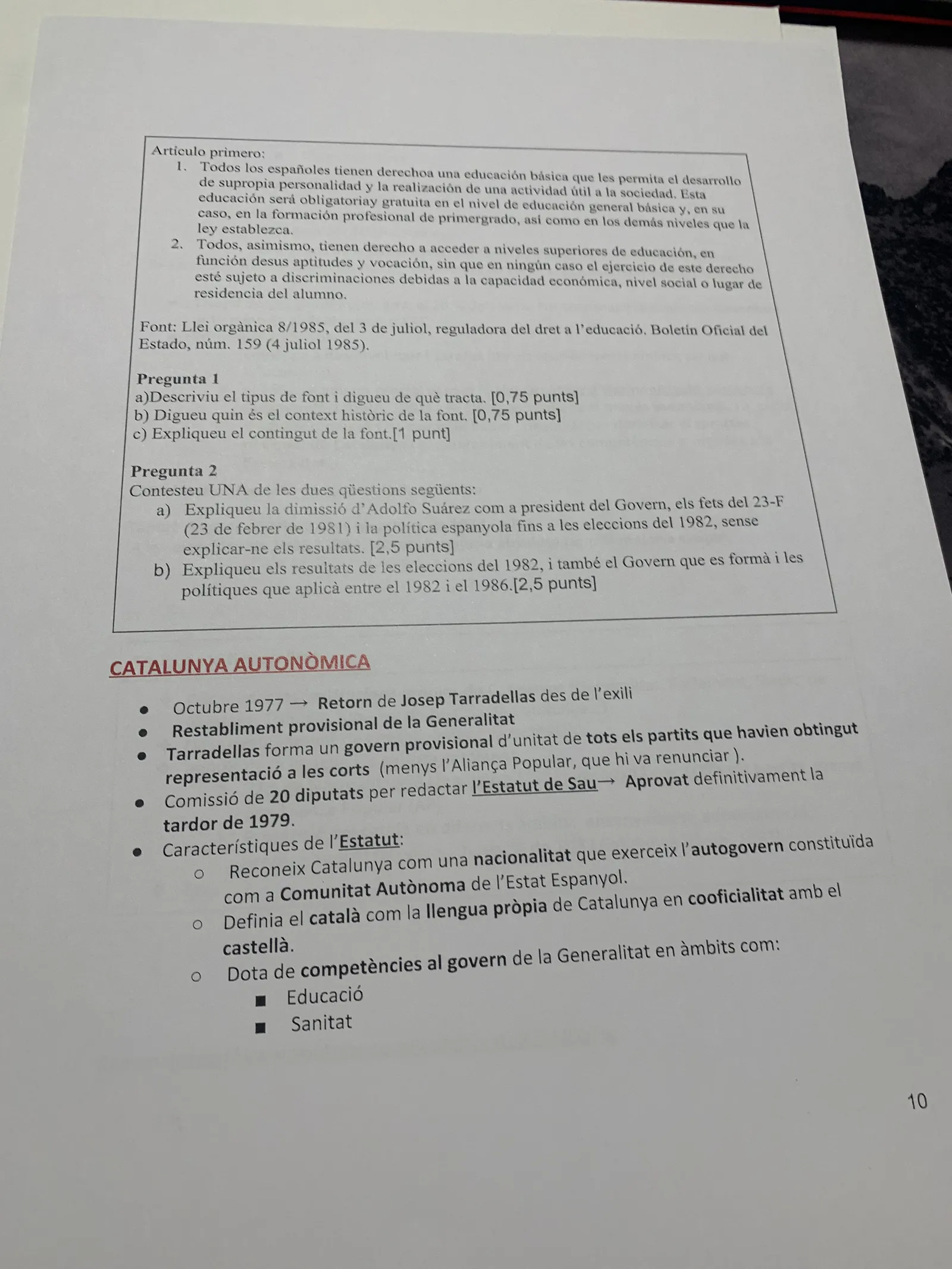 Font de la LODE amb preguntes de PAU, i el retorn de Tarradellas i l'Estatut de Sau