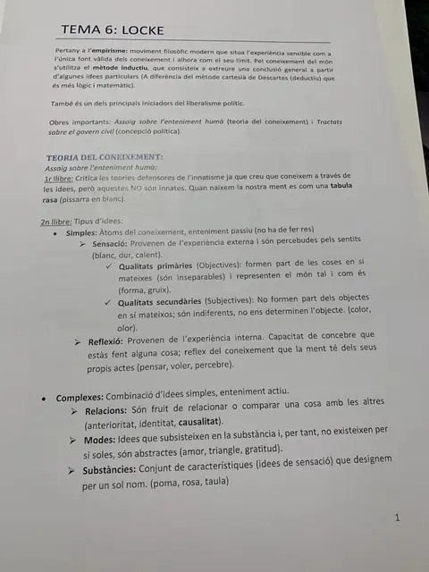 Tema 6: Locke i l'empirisme, la tabula rasa i els tipus d'idees simples i complexes
