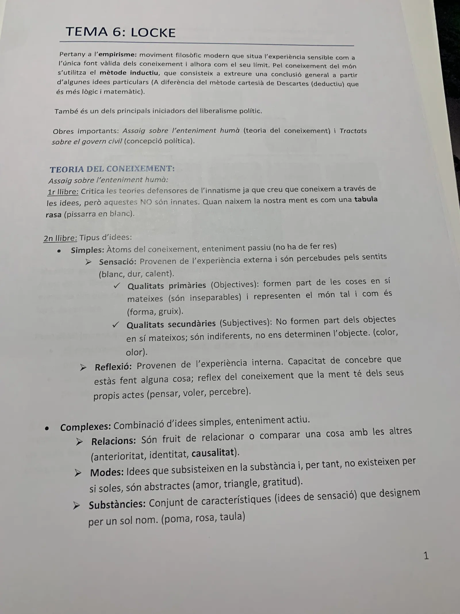 Tema 6: Locke i l'empirisme, la tabula rasa i els tipus d'idees simples i complexes