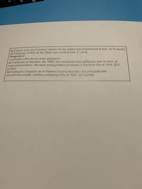 Preguntes de PAU sobre el desastre del 98, el regeneracionisme i l'impacte de la Gran Guerra