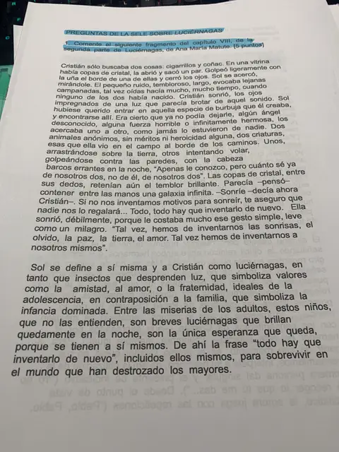 Pregunta 1 de Selectividad: comentario del fragmento del capítulo VIII y el símbolo de las luciérnagas
