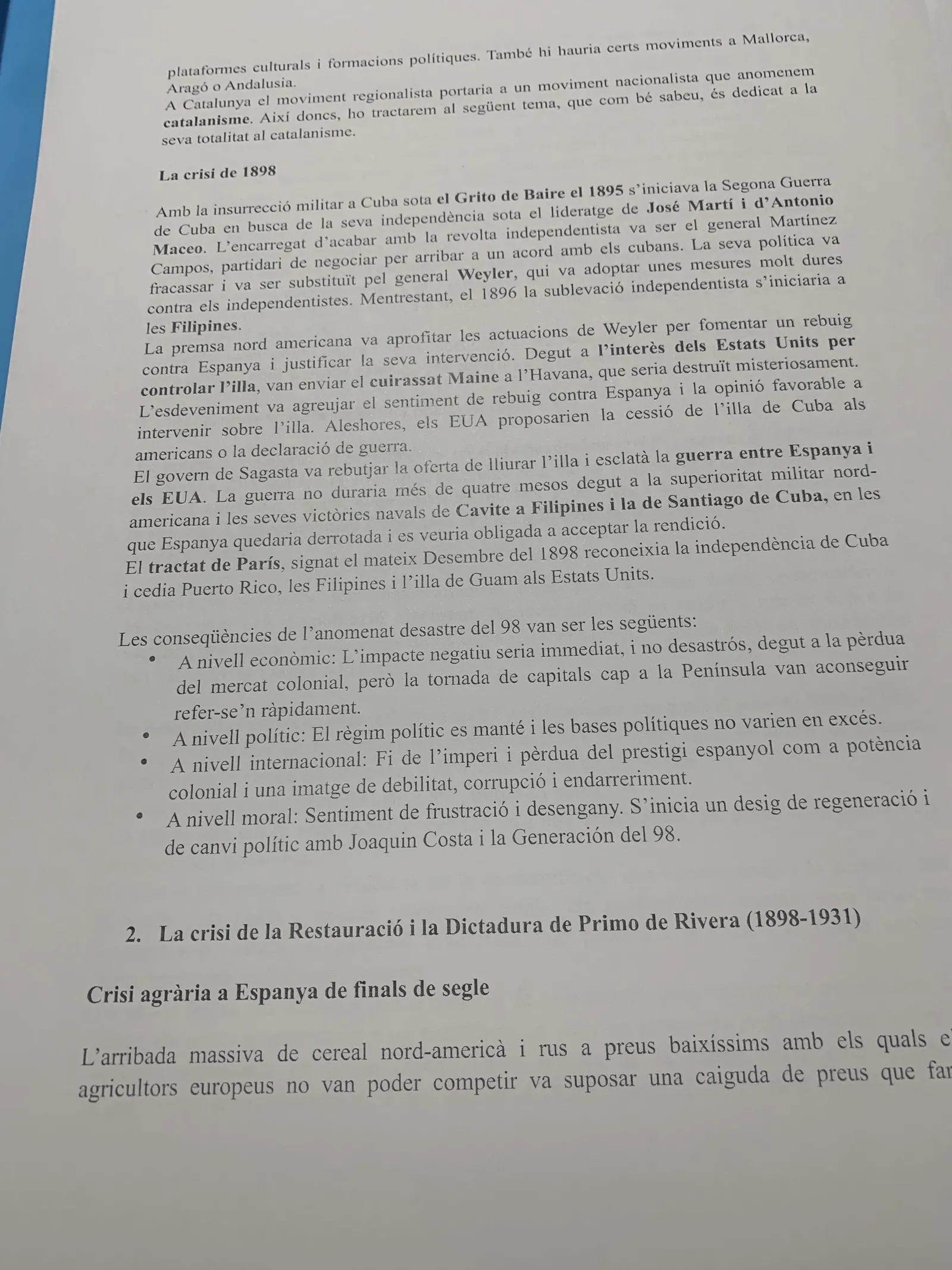 La crisi de 1898: la guerra de Cuba, el Maine, el Tractat de París i les conseqüències del desastre