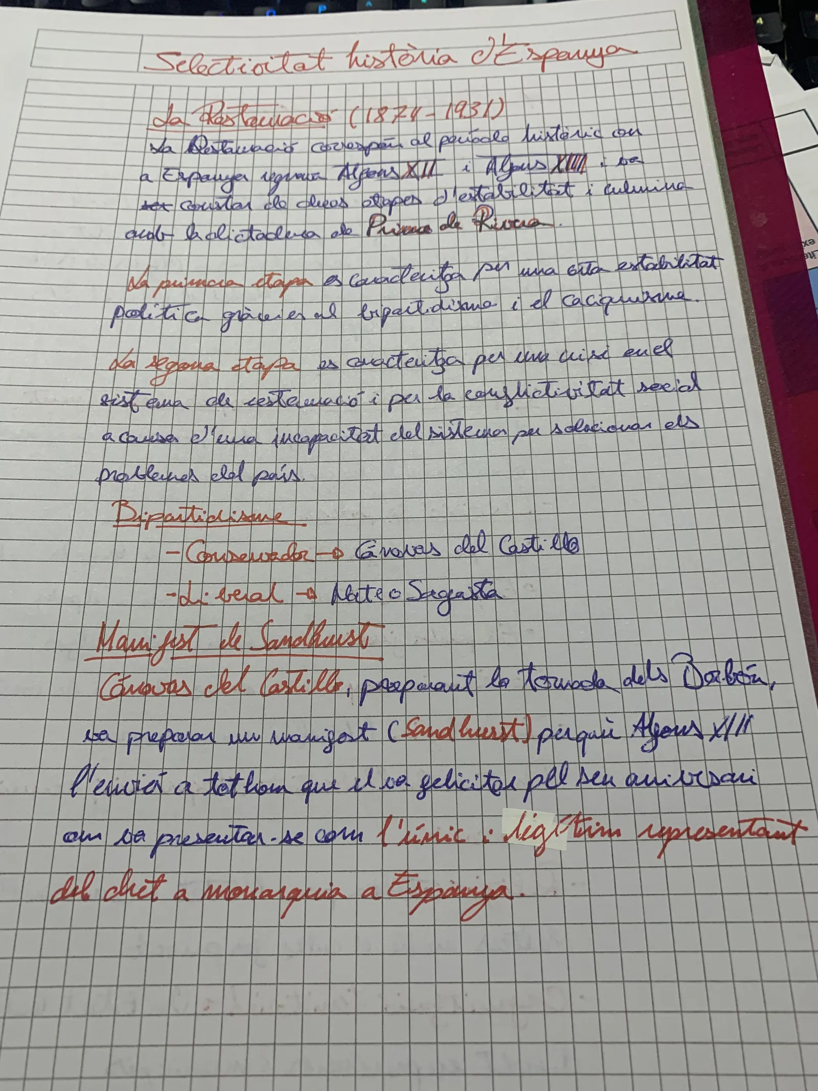 La Restauració: Alfons XII, Alfons XIII, bipartidisme i el Manifest de Sandhurst