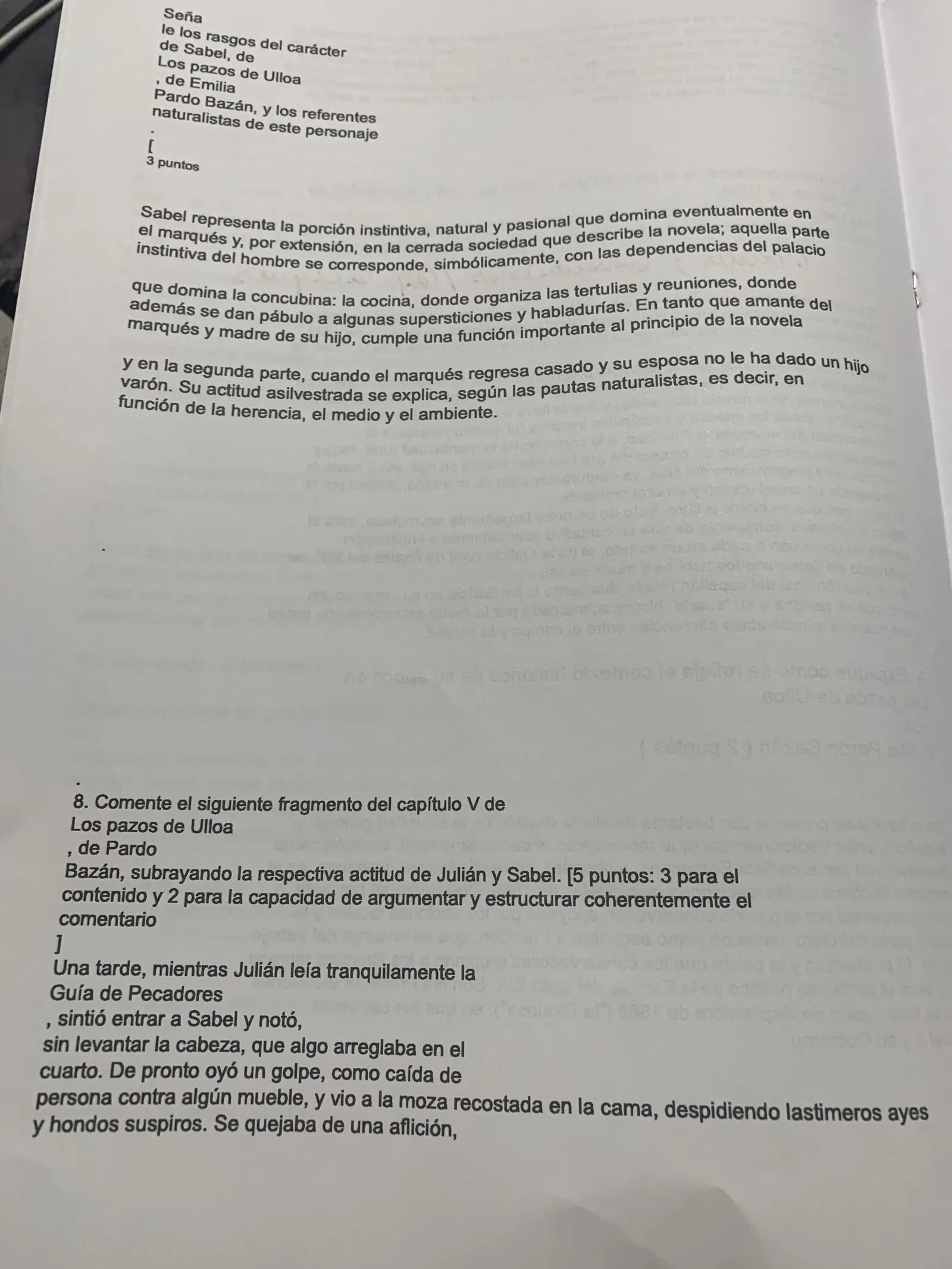 Preguntas 7 y 8: el personaje de Sabel y comentario de un fragmento del capítulo V