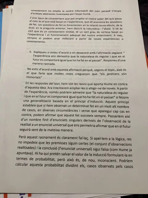 Pregunta 5: valorar l'afirmació sobre la uniformitat de la natura, amb la resposta raonada sobre la inducció