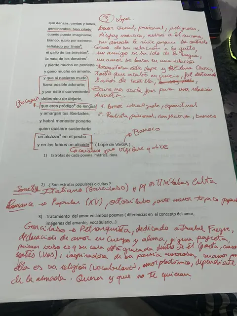 Comparación Garcilaso / Lope: estrofas, popular o culta, y el tratamiento del amor, resuelto a mano
