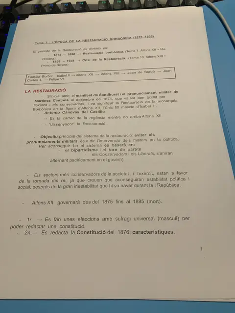 Esquema del tema 7: el manifest de Sandhurst, l'objectiu del sistema i el bipartidisme