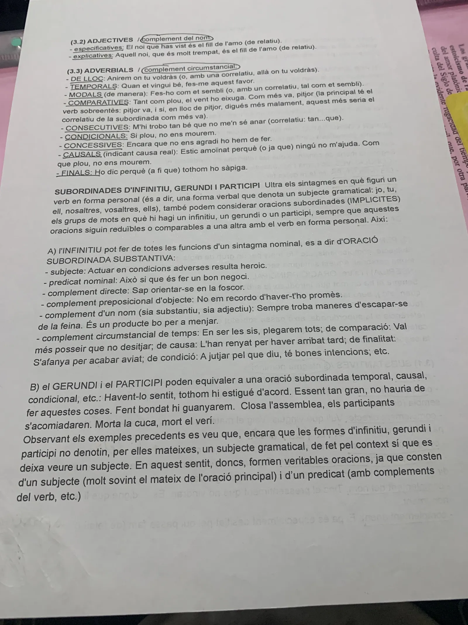 Subordinades adjectives i adverbials, i subordinades d'infinitiu, gerundi i participi