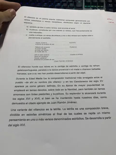 El villancico: estructura (estribillo, mudanza, vuelta) y la letrilla como variante