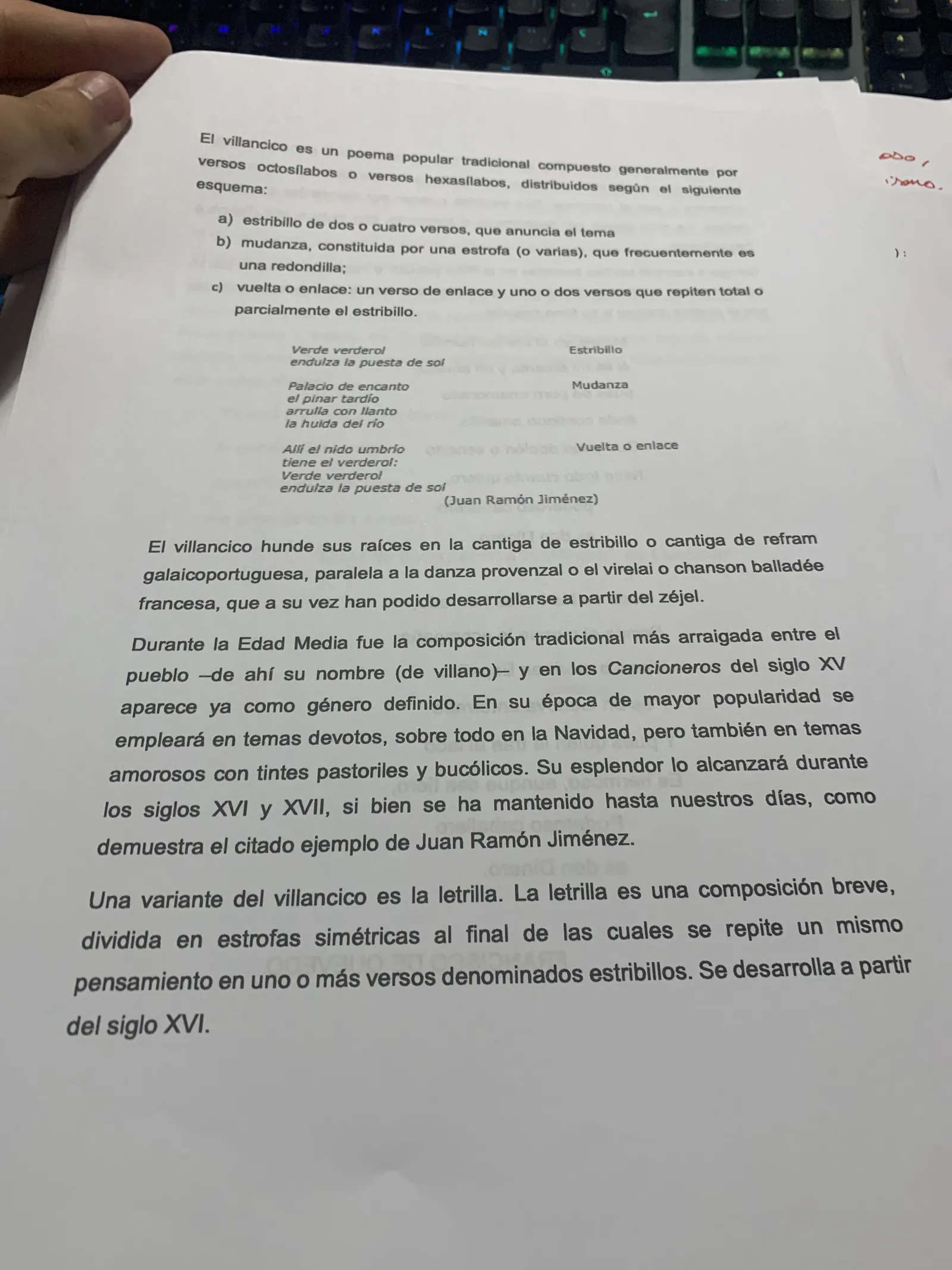El villancico: estructura (estribillo, mudanza, vuelta) y la letrilla como variante