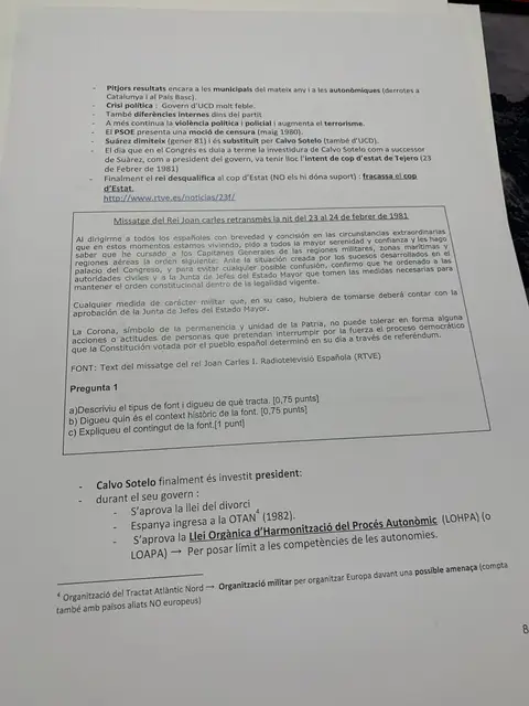La crisi d'UCD, el cop d'estat del 23-F i el missatge del rei, amb una pregunta de comentari de font