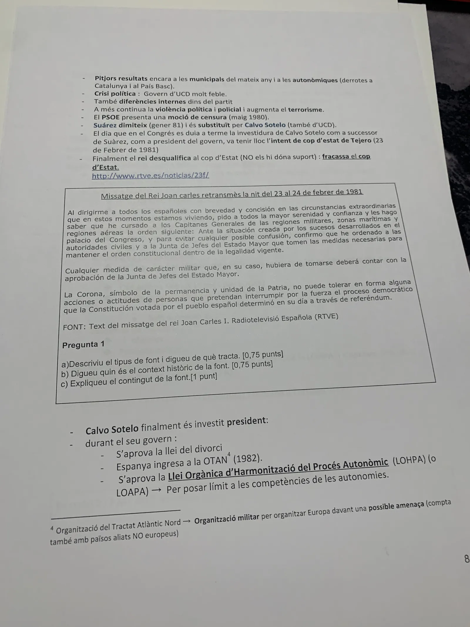 La crisi d'UCD, el cop d'estat del 23-F i el missatge del rei, amb una pregunta de comentari de font