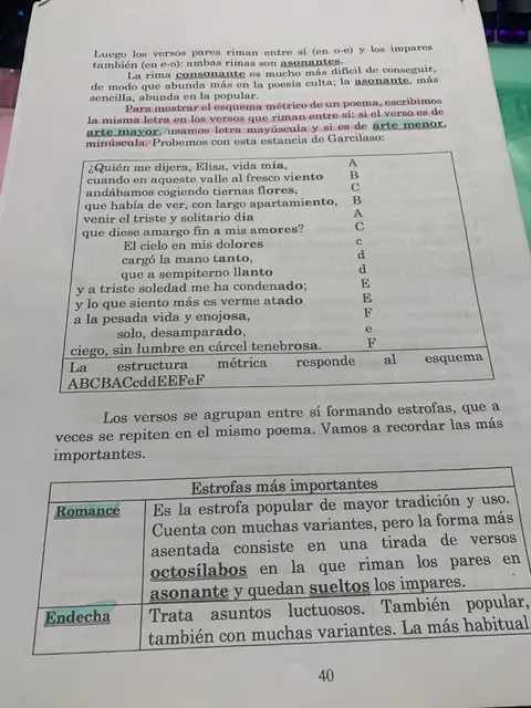 Rima consonante y asonante, esquema métrico con Garcilaso y tabla de estrofas (romance, endecha…)