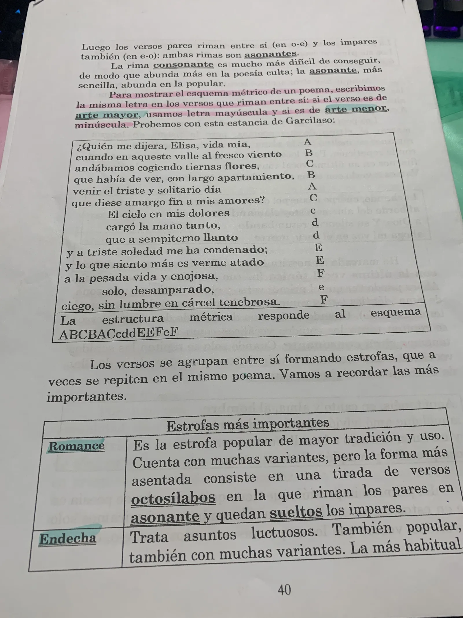 Rima consonante y asonante, esquema métrico con Garcilaso y tabla de estrofas (romance, endecha…)