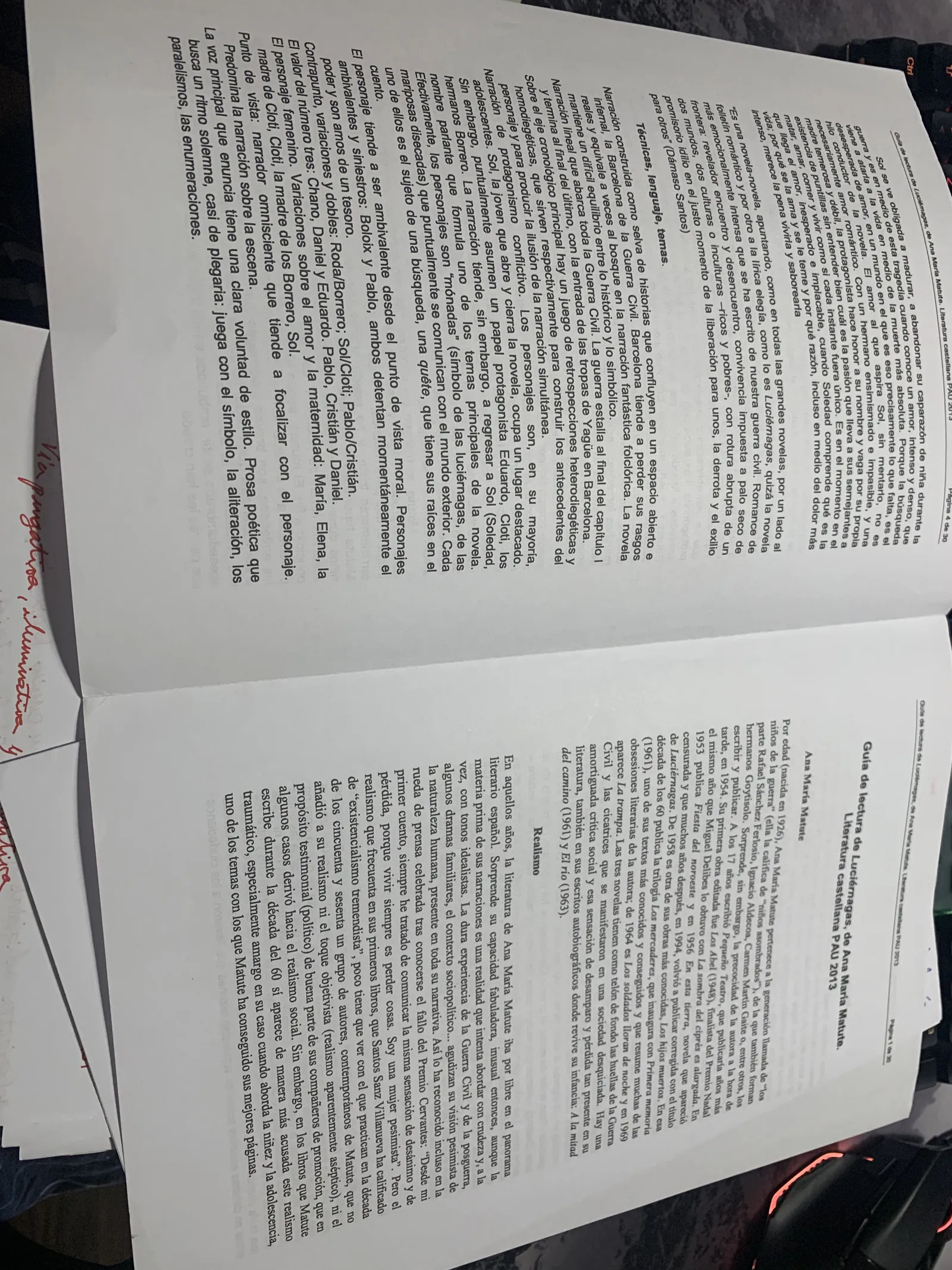 Continuación de la guía de lectura, fotografiada de lado