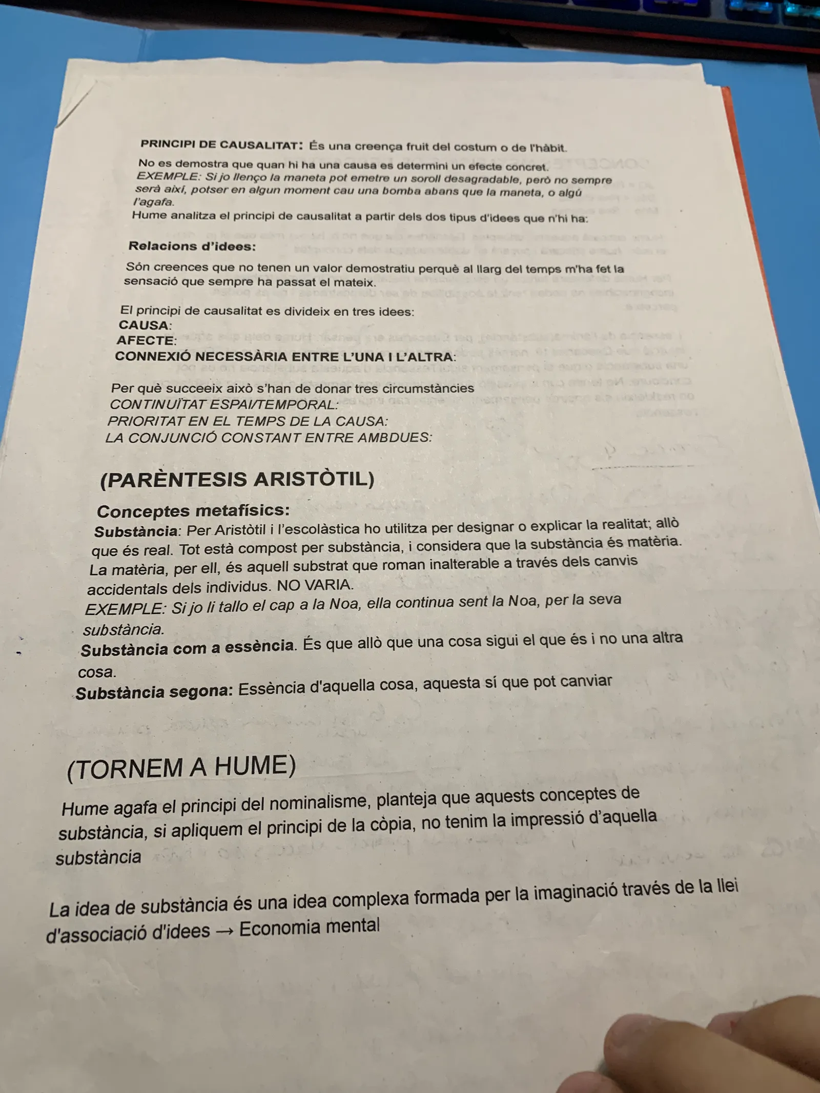 El principi de causalitat com a costum, el parèntesi aristotèlic sobre la substància i el nominalisme de Hume