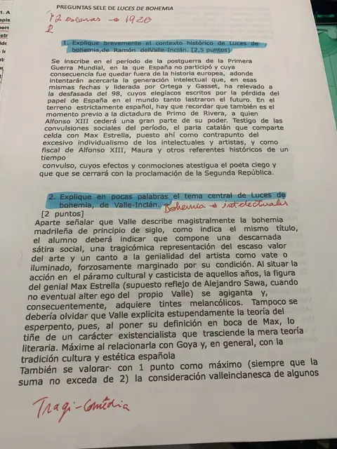 Preguntas de Selectividad: contexto histórico y tema central de Luces de bohemia