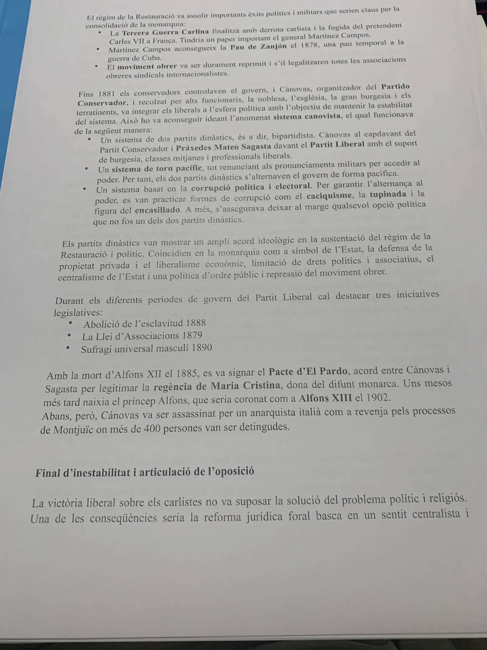 La Tercera Guerra Carlina, la Pau de Zanjón, el bipartidisme i el Pacte del Pardo