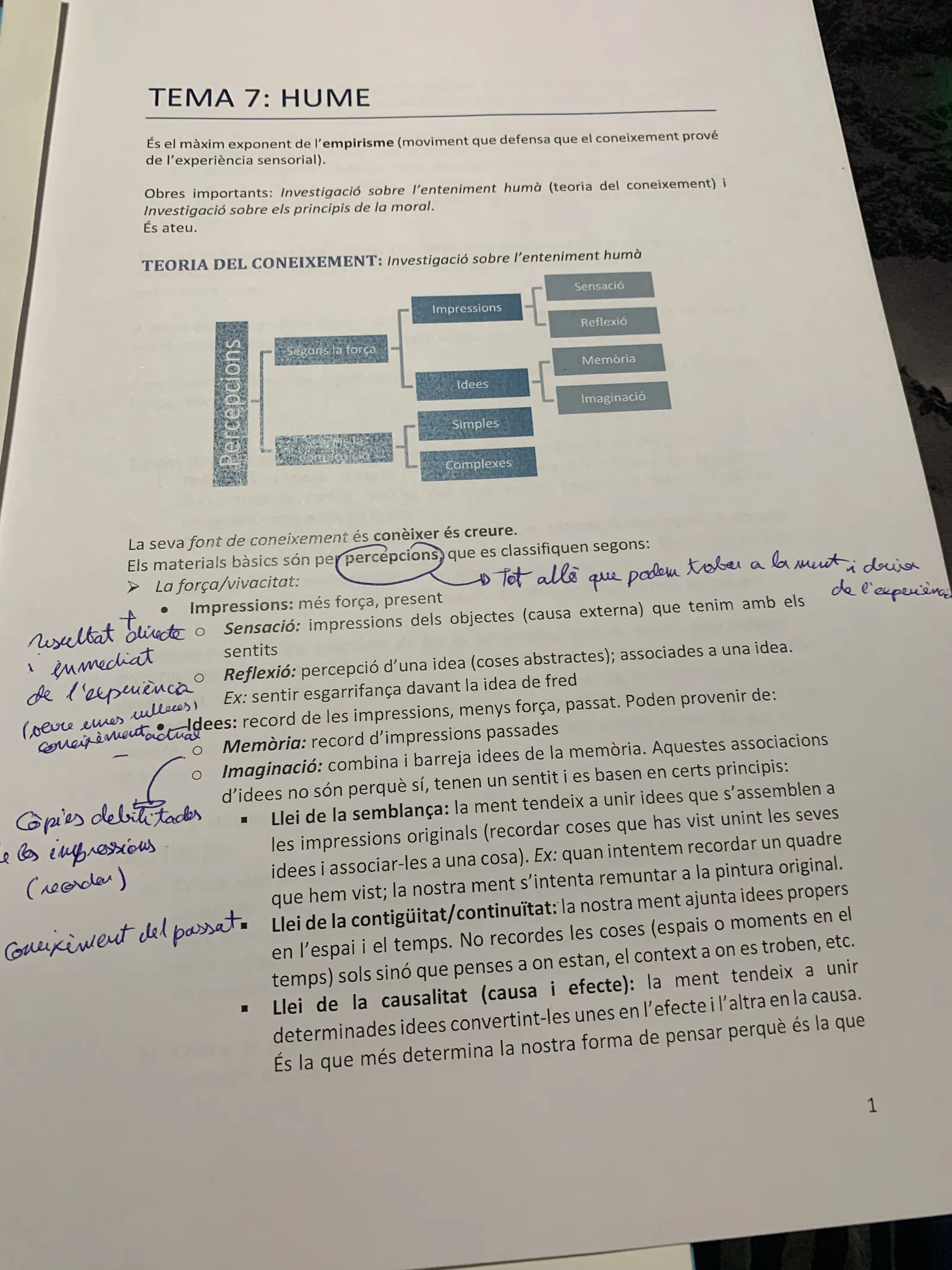 Tema 7: Hume, màxim exponent de l'empirisme, amb l'esquema de la teoria del coneixement anotat a mà