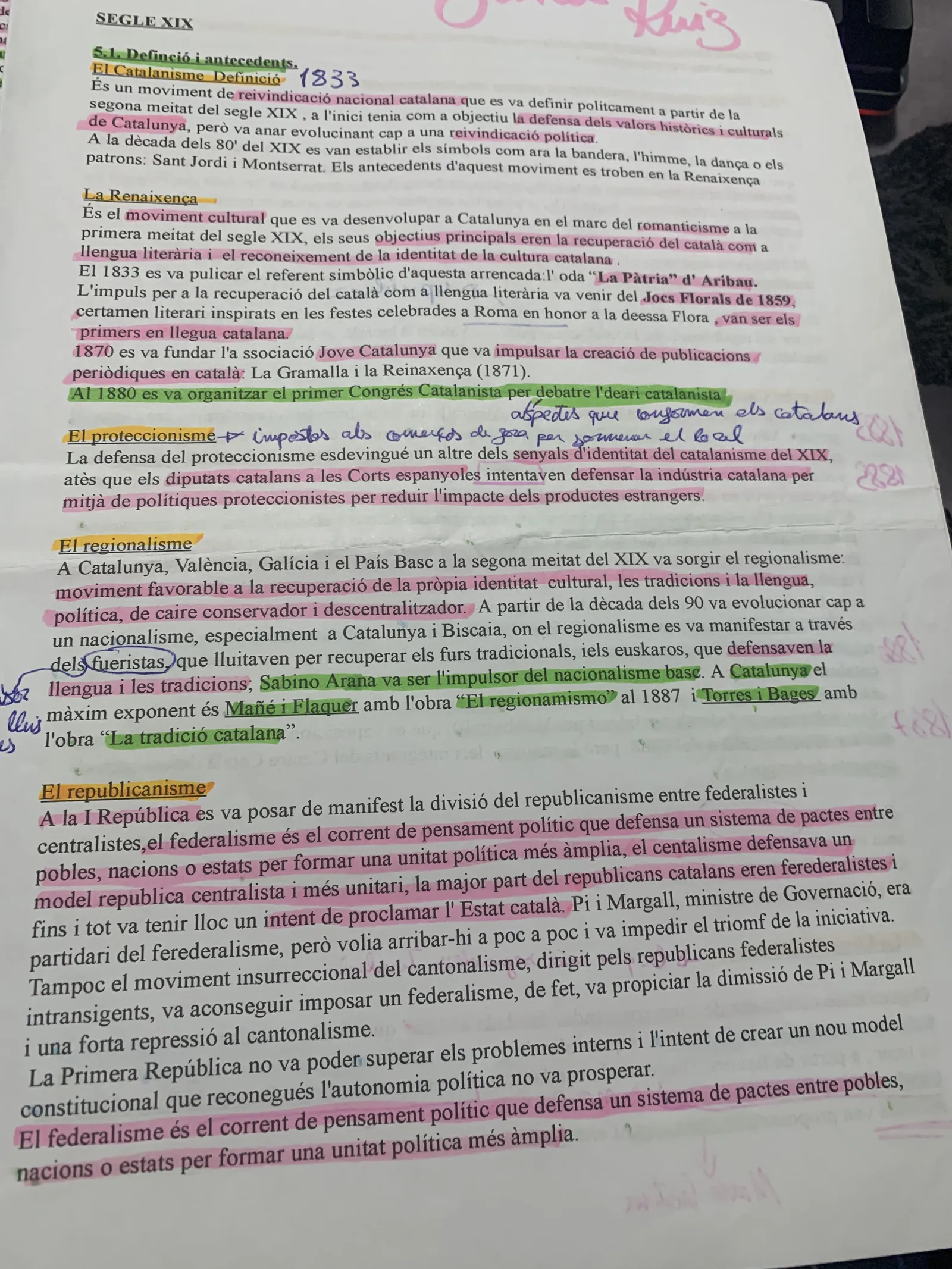 Definició del catalanisme, la Renaixença, el proteccionisme, el regionalisme i el republicanisme