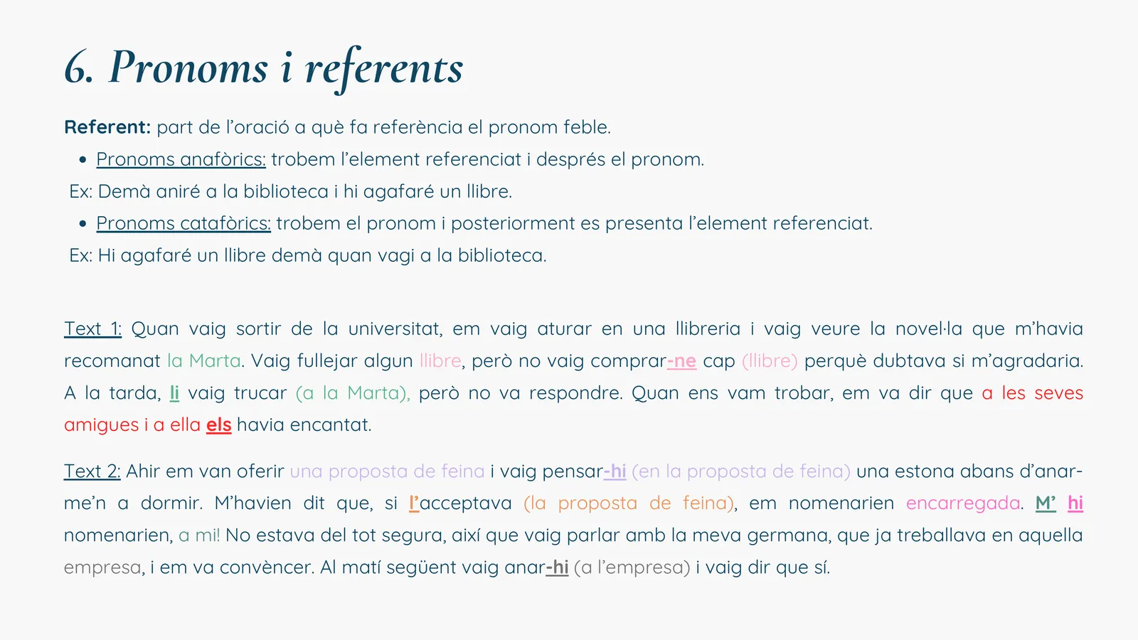 Pronoms i referents: mateix text amb els referents identificats en colors