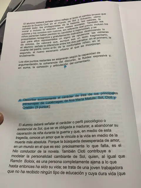 Pregunta 4: describir el carácter de Sol, Cloti y Cristián, con la respuesta modelo