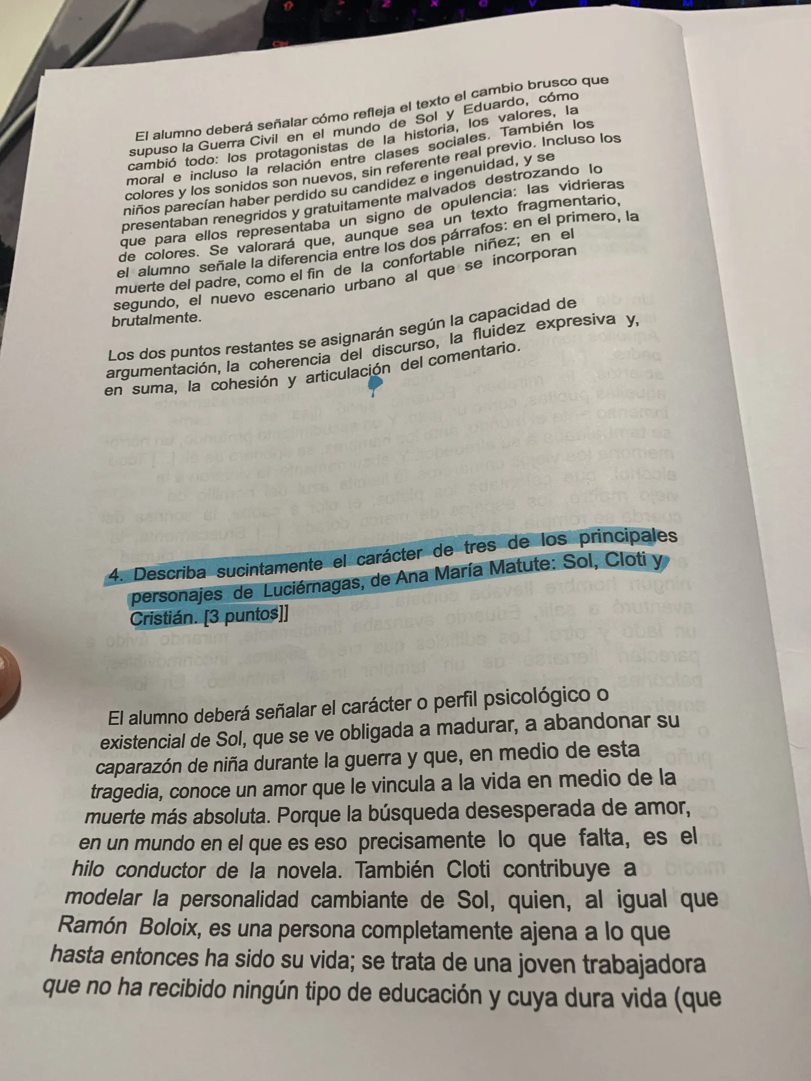 Pregunta 4: describir el carácter de Sol, Cloti y Cristián, con la respuesta modelo