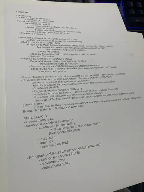 Esquema resum del segle XIX espanyol, de l'absolutisme a la Restauració