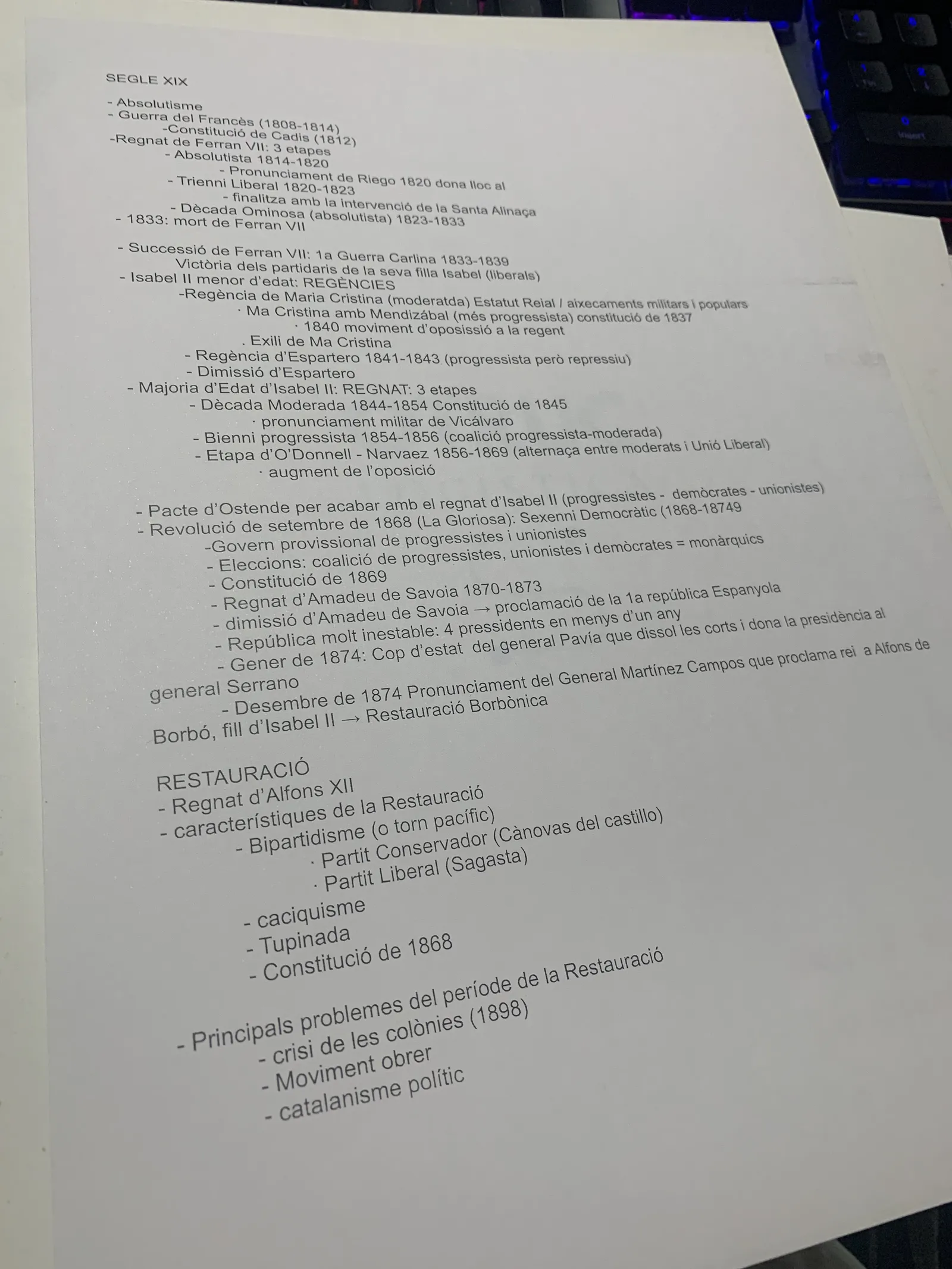 Esquema resum del segle XIX espanyol, de l'absolutisme a la Restauració