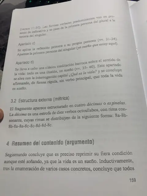 Apartados c) y d), estructura externa en décimas y resumen del contenido