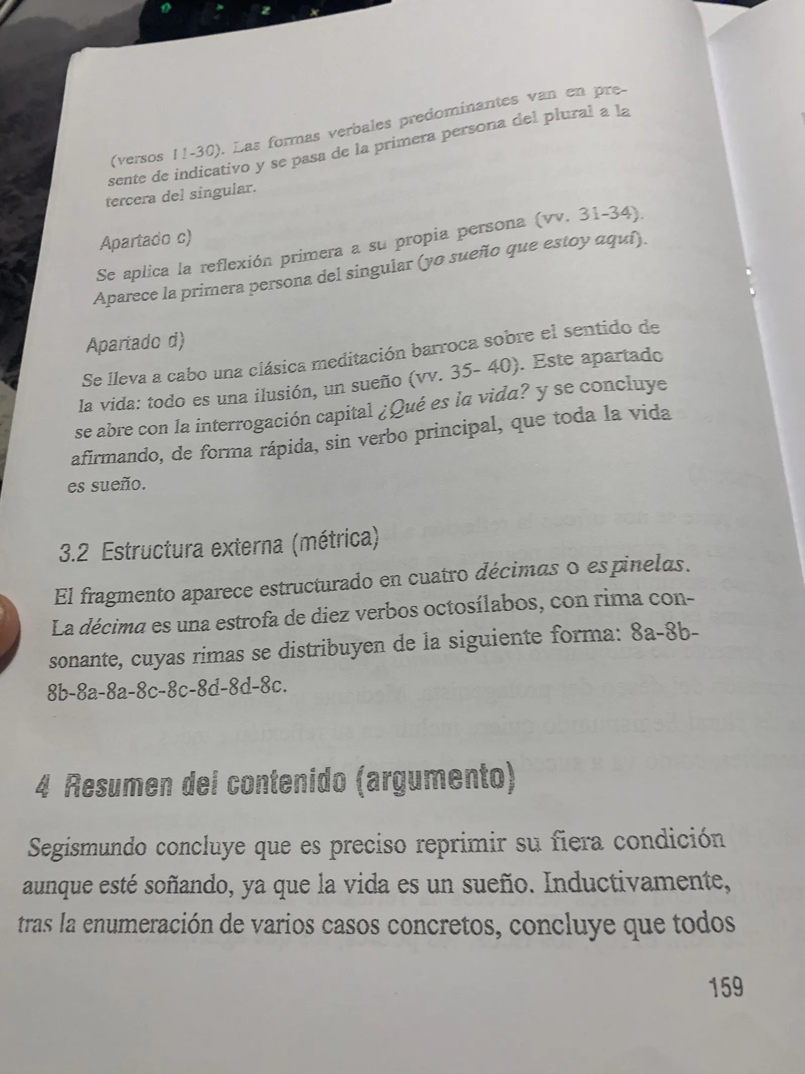 Apartados c) y d), estructura externa en décimas y resumen del contenido
