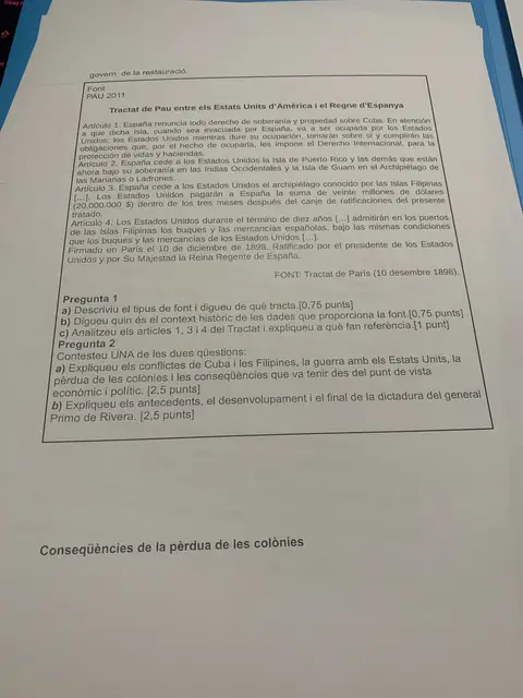 Font PAU 2011: articles del Tractat de París de 1898 amb preguntes sobre Cuba i Primo de Rivera