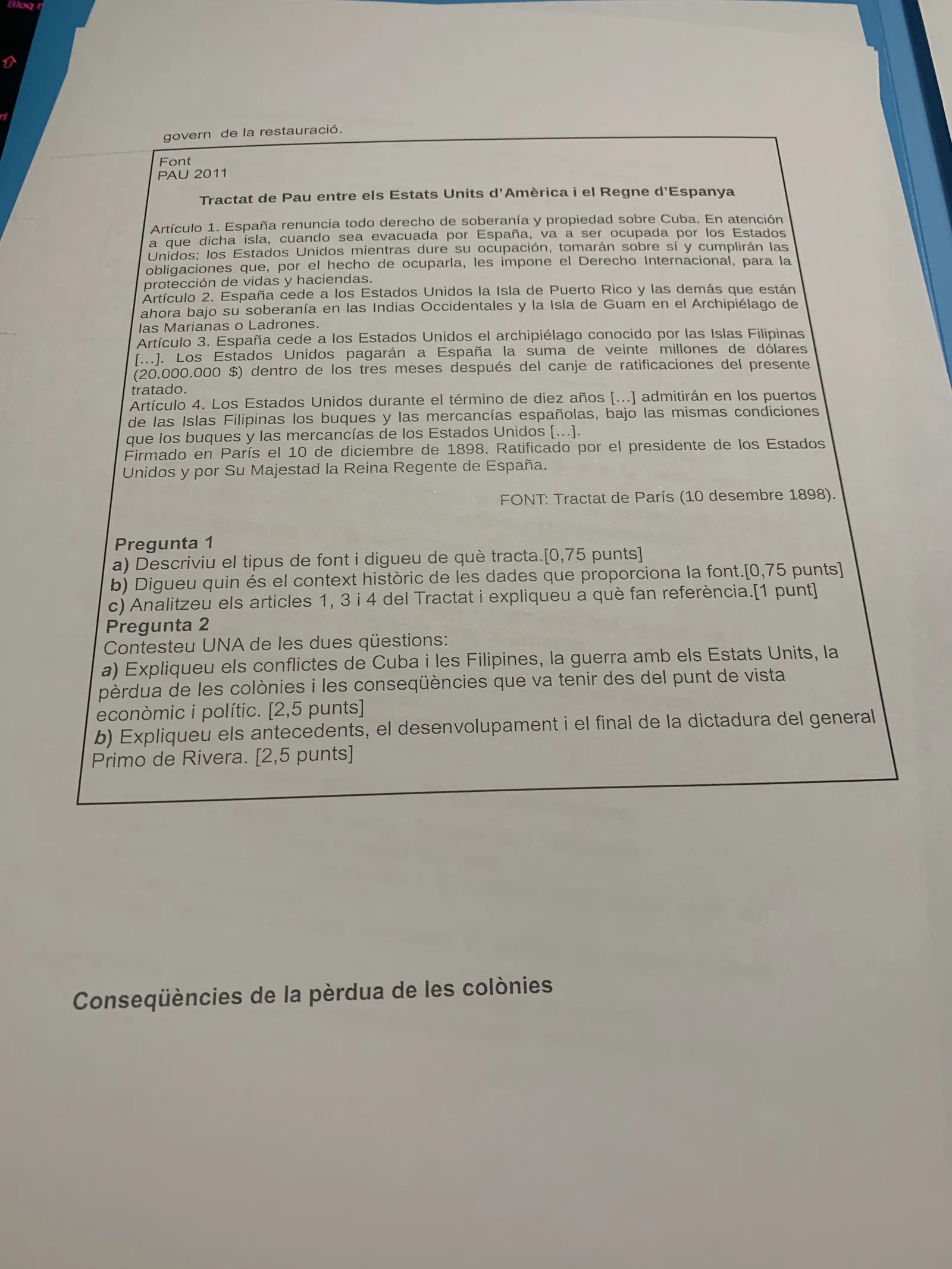 Font PAU 2011: articles del Tractat de París de 1898 amb preguntes sobre Cuba i Primo de Rivera