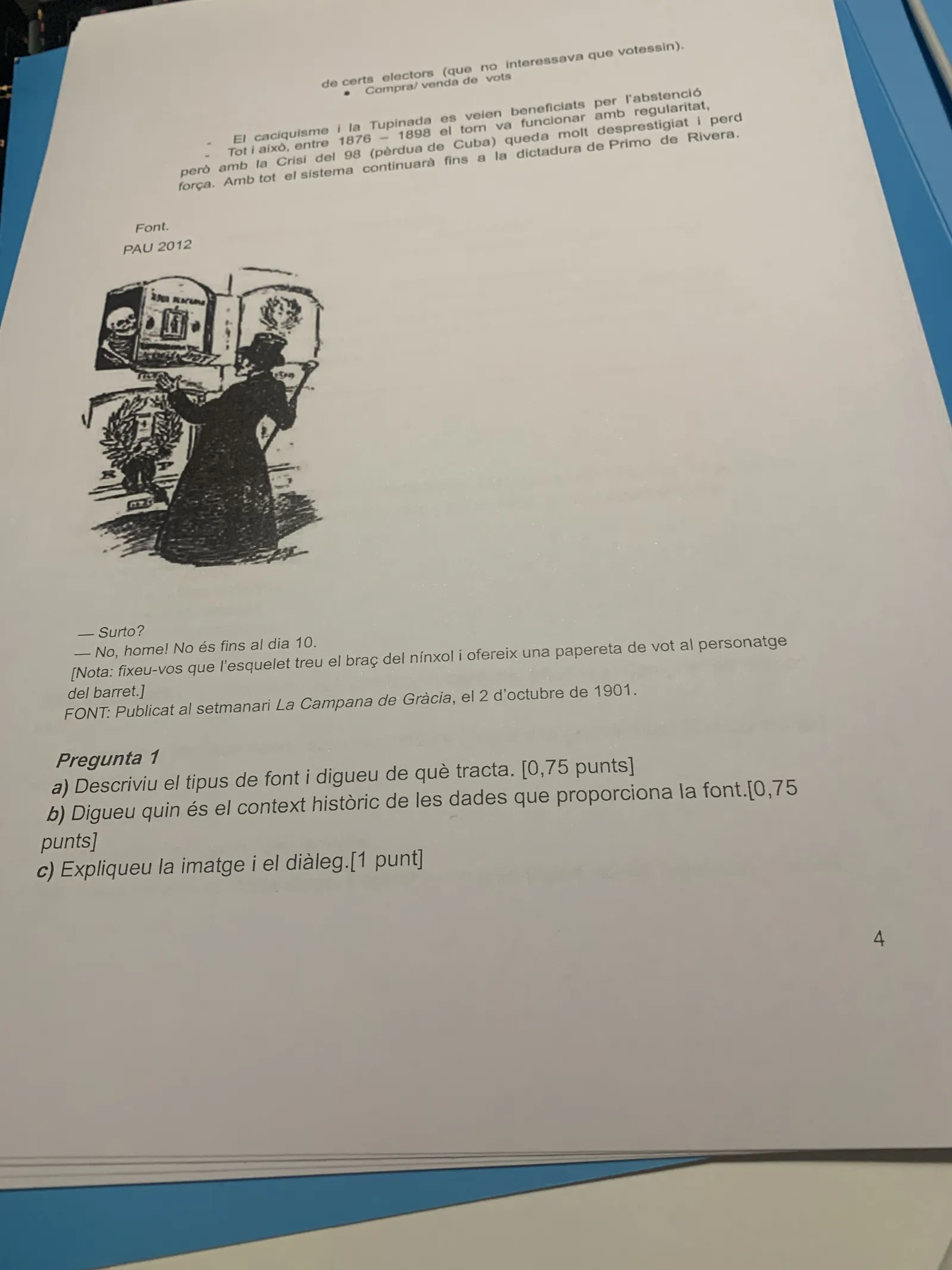Font PAU 2012: vinyeta de La Campana de Gràcia sobre el frau electoral, amb tres preguntes